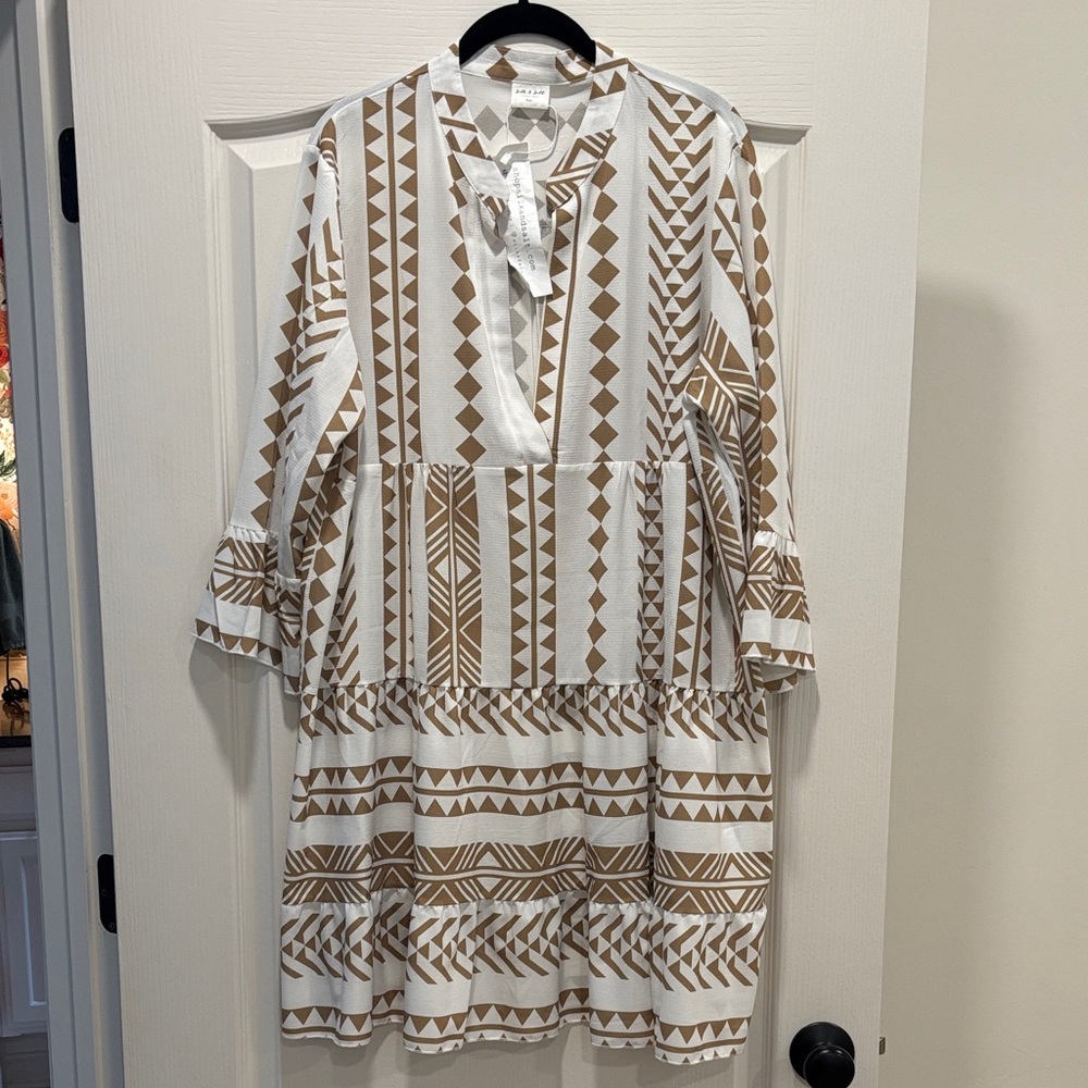 Silk & Salt White and Tan Geometric Print Dress